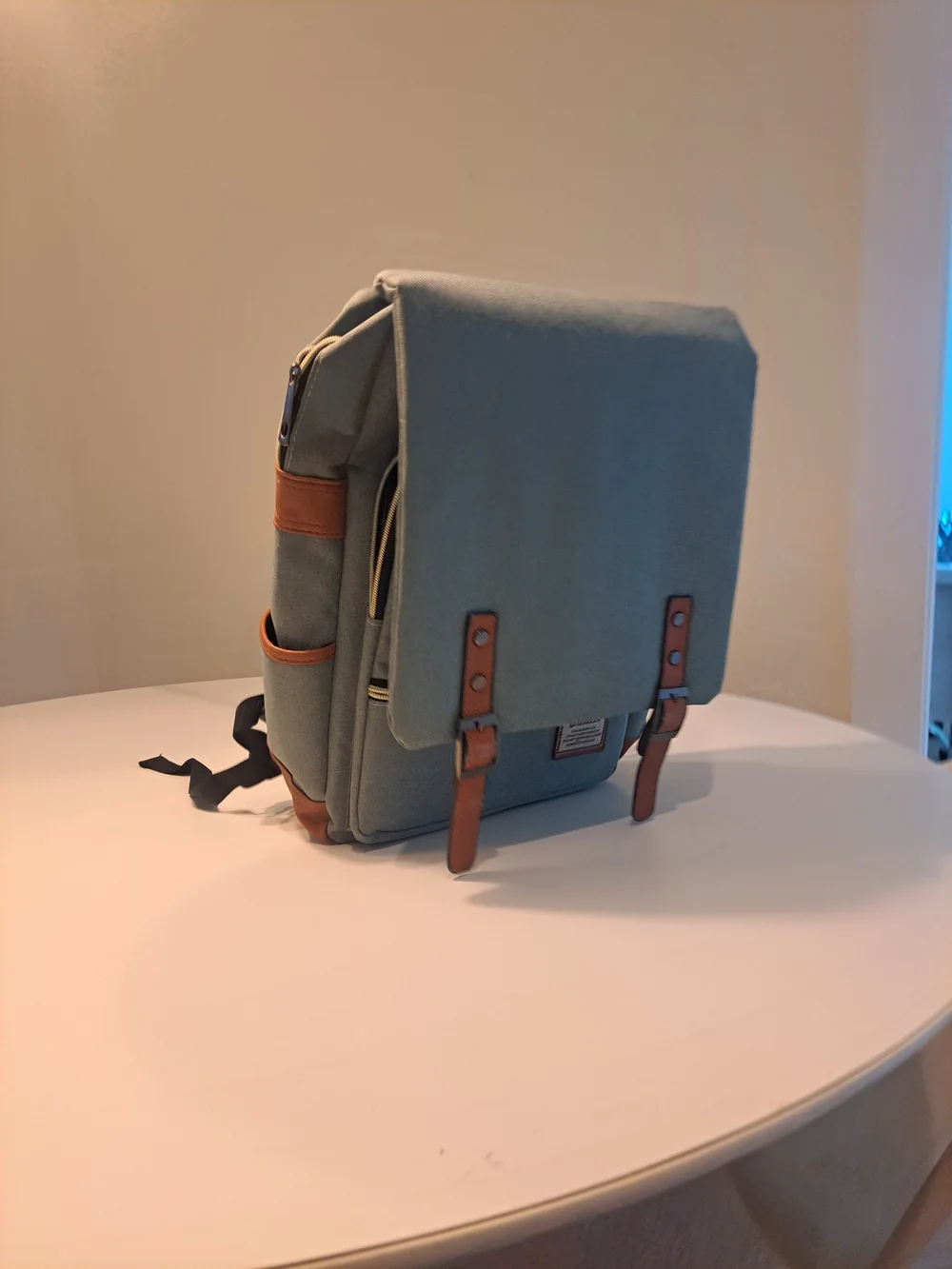 Canvas Messenger Backpack in Sage Green with Brown Trim